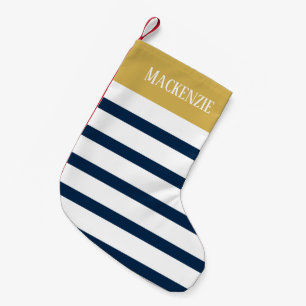Navy Stripes Nautical Blue and Gold Custom Name Small Christmas Stocking