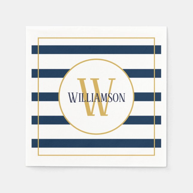 Navy Stripes Nautical Personalised Monogram Name Napkin (Front)