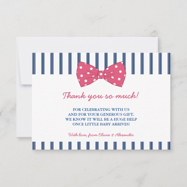 Navy Stripes & Pink Bow | Baby Shower Thank You (Front)