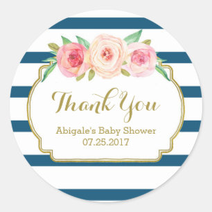 Navy Stripes Pink Floral Baby Shower Favour Tags