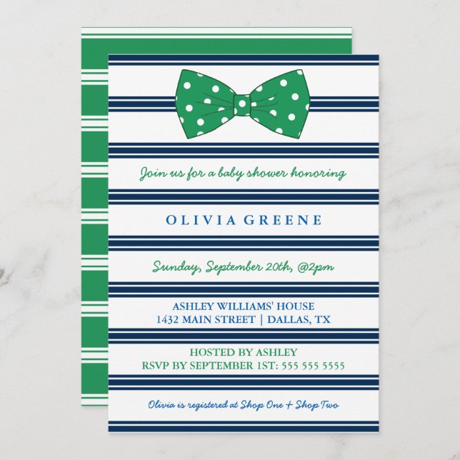 Navy Stripes & Polka Dot Bow | Baby Shower Invitation (Front/Back)