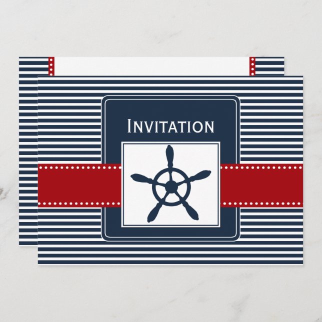 navy stripes, rudder, nautical wedding invites (Front/Back)