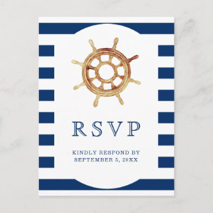 Navy Stripes Steering Wheel Nautical Wedding RSVP Postcard