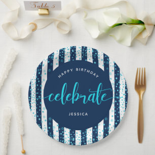 Navy stripes turquoise glitter script birthday paper plate