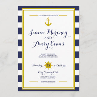 Navy Stripes w/ Anchor Nautical Wedding Invitation