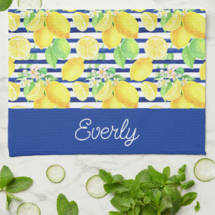 Navy Stripes with Yellow Lemons Pattern Tea Towel