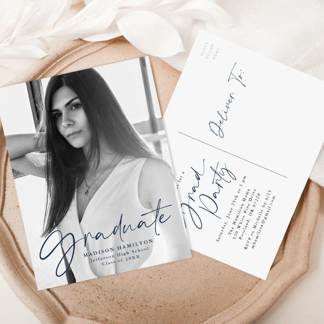 Navy Stylish Script Photo Graduation Party Invitation Postcard (Creator Uploaded)