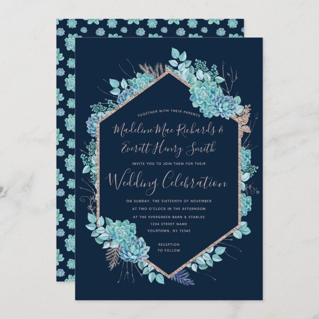 Navy Succulents & Rose Gold Wedding Invitation (Front/Back)