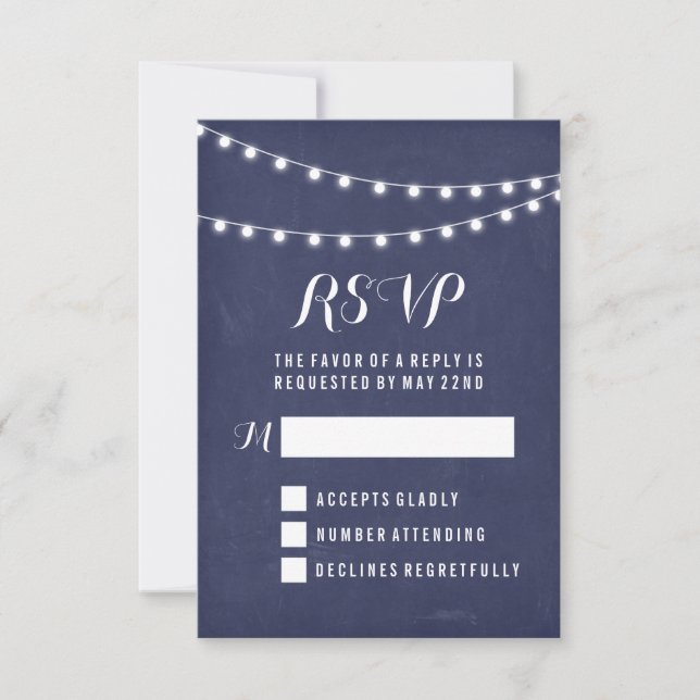Navy Summer String Light Wedding RSVP Card (Front)