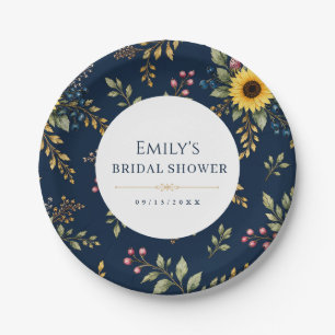 Navy Sunflower Bridal Shower Floral Paper Plate