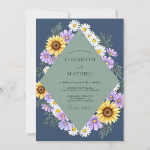 Navy Sunflower Daisy Eucalyptus Wedding Invitation
