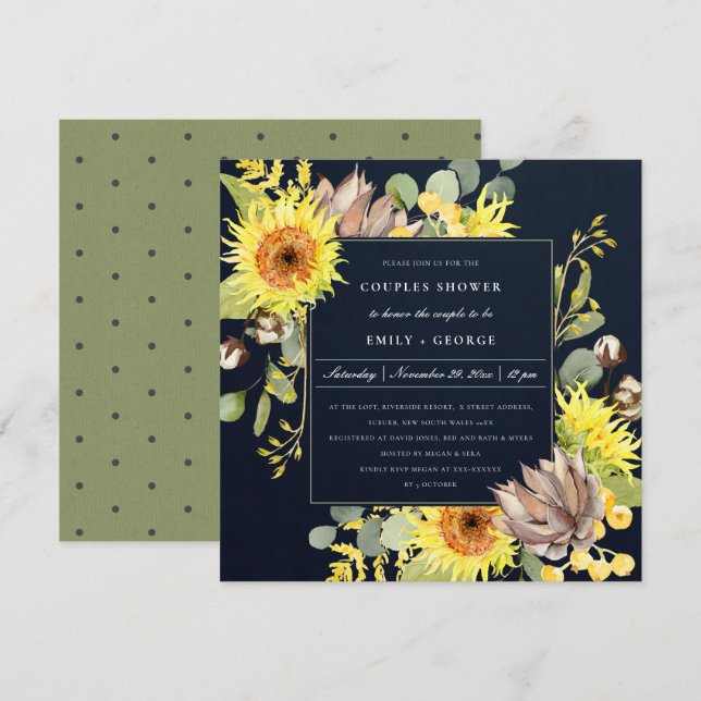 NAVY SUNFLOWER EUCALYPTUS FLORAL COUPLES SHOWER INVITATION (Front/Back)