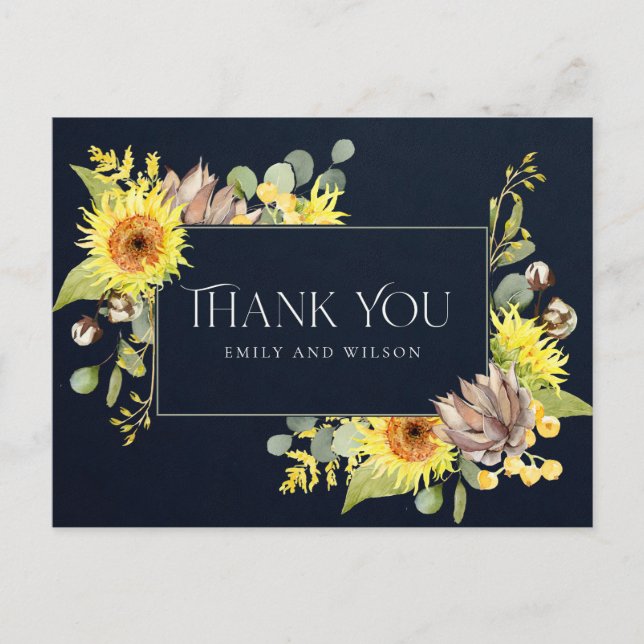 NAVY SUNFLOWER EUCALYPTUS FLORAL WEDDING THANK YOU ANNOUNCEMENT POSTCARD (Front)