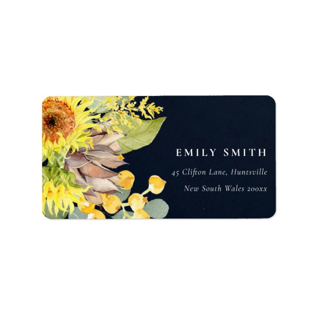 NAVY SUNFLOWER EUCALYPTUS PINE FLORAL ADDRESS LABEL (Front)