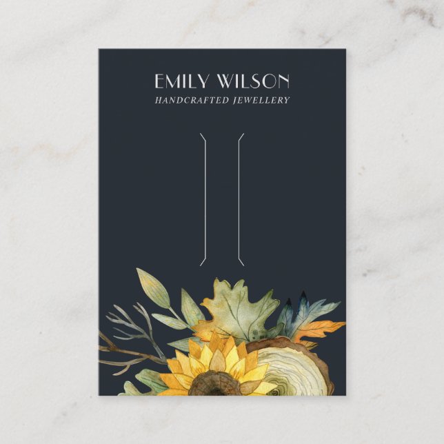 NAVY SUNFLOWER FALL AUTUMN WOOD HAIR CLIP DISPLAY BUSINESS CARD (Front)