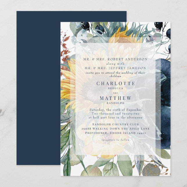 Navy & Sunflower Fall Floral Wedding  Invitation (Front/Back)