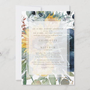 Navy Sunflower Fall Floral White Wedding  Invitation