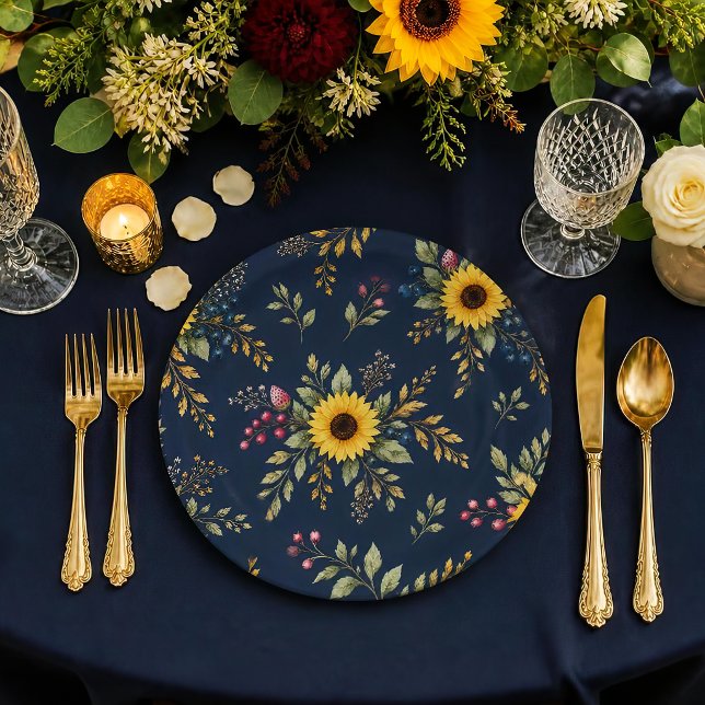 Navy Sunflower Floral Botanical Pattern Paper Plate (Creator Uploaded)