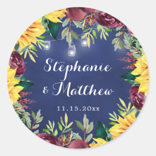 Navy Sunflower Mason Jars Lights Floral Wedding Classic Round Sticker
