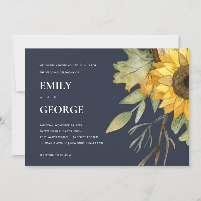 NAVY SUNFLOWER WATERCOLOR FLORAL WEDDING INVITE (Front)