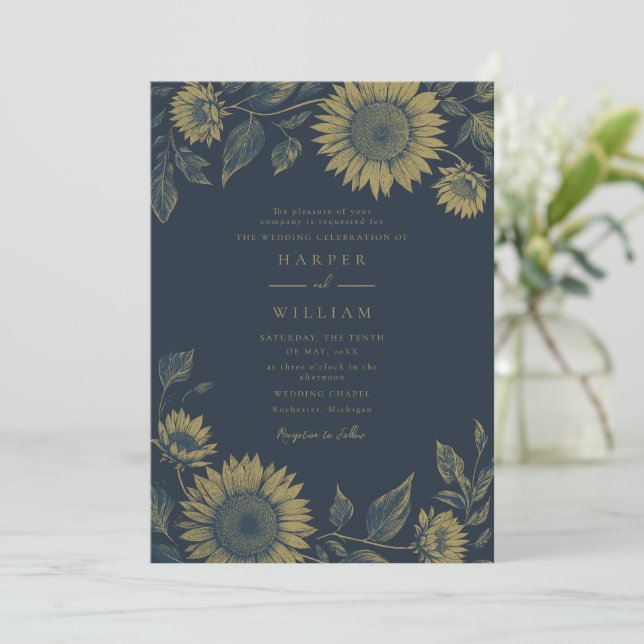 Navy sunflower wedding invitation (Standing Front)