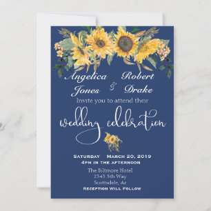 Navy Sunflower Yellow Modern Elegant  Wedding Invitation
