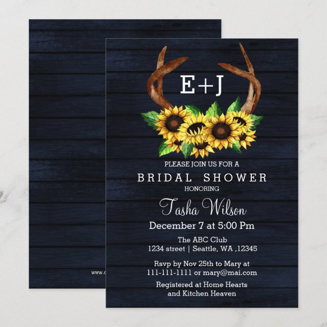 Navy Sunflowers Antlers Country Chic Bridal Shower Invitation (Front/Back)