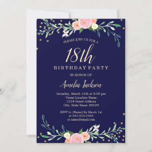 Navy Sweet Floral Sparkle Confetti 18th Birthday Invitation