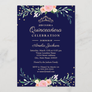 Navy Sweet Floral Sparkle Confetti Quinceanera Invitation