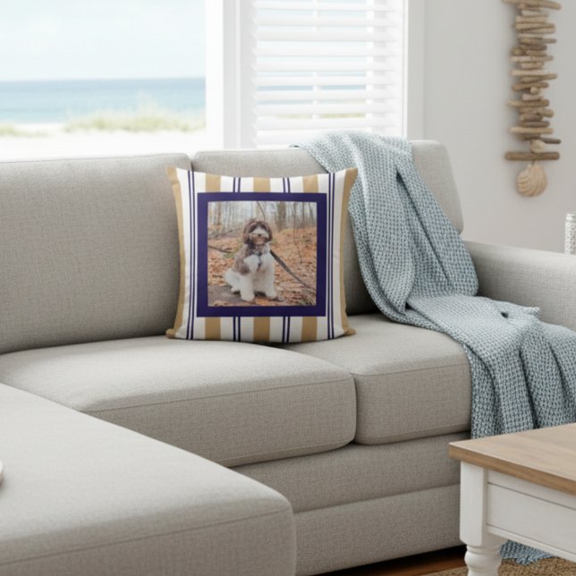 Navy Tan Striped Pet Photo Throw Pillow (Creator Uploaded)