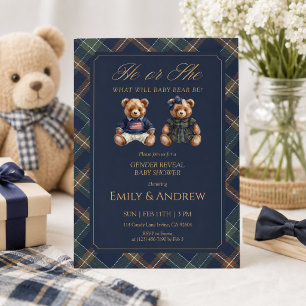 Navy Tartan He or She Gender Reveal Baby Shower Invitation