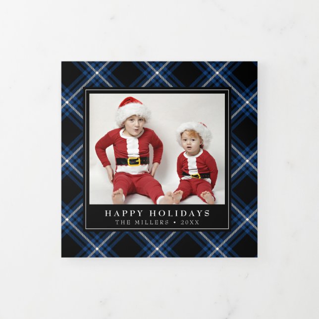 Navy Tartan Plaid Christmas Trifold Photo Card (Cover)