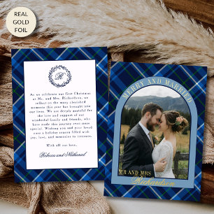 Navy Tartan Plaid First Christmas Married Photo
