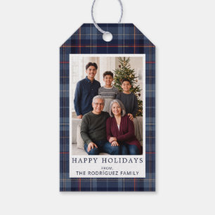 Navy Tartan Plaid Happy Holidays Family Photo Gift Tags