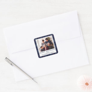 Navy Tartan Plaid Happy Holidays Family Photo Square Sticker