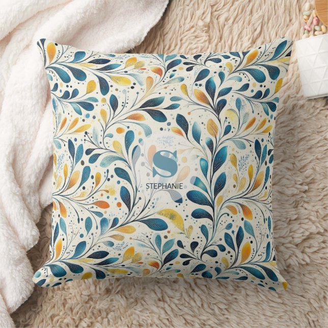 Navy Teal Amber Botanical Leaf Pattern Cushion (Blanket)