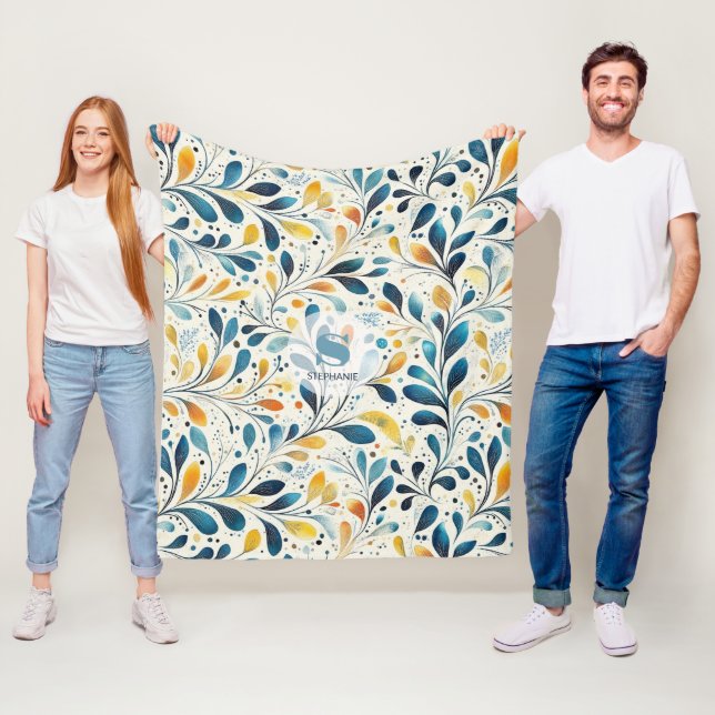 Navy Teal Amber Botanical Leaf Pattern Fleece Blanket (In Situ)
