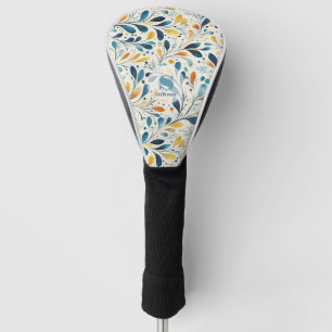 Navy Teal Amber Botanical Leaf Pattern Golf Head Cover