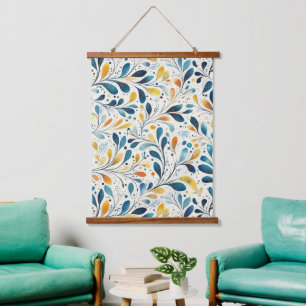 Navy Teal Amber Botanical Leaf Pattern Hanging Tapestry
