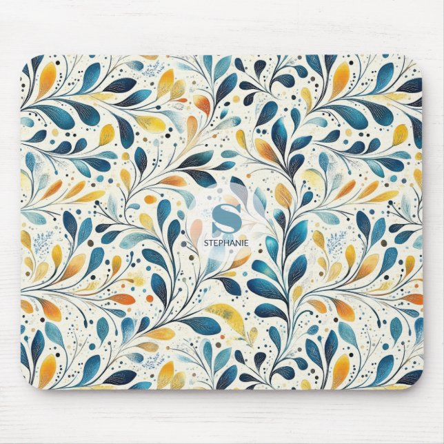 Navy Teal Amber Botanical Leaf Pattern Mouse Pad (Front)