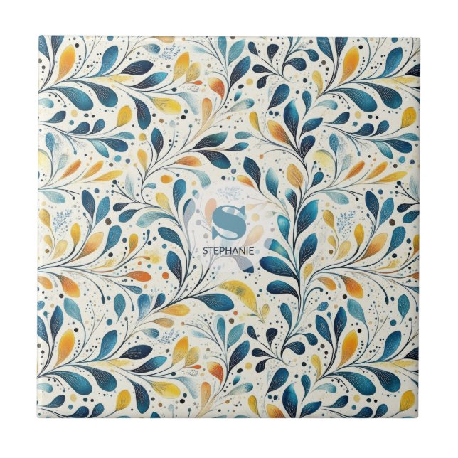 Navy Teal Amber Botanical Leaf Pattern Tile (Front)
