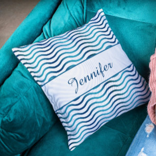 Navy & Teal Blue Gradient Waves Coastal Decor Cushion