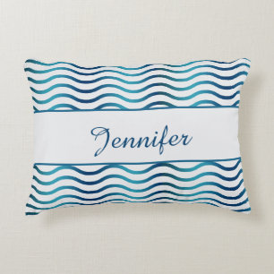 Navy & Teal Blue Gradient Waves Coastal Decor Decorative Cushion