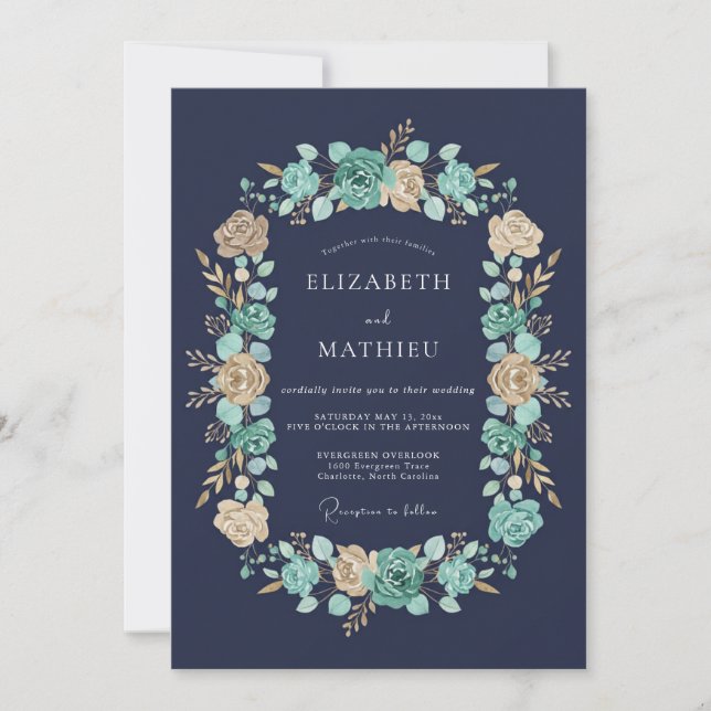 Navy Teal Floral Wreath Wedding Invitation (Front)