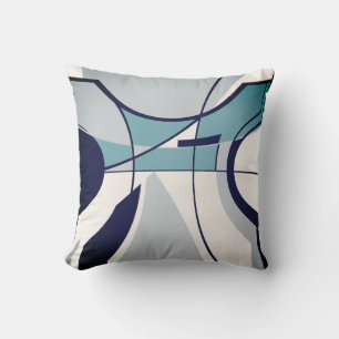 Navy Teal Grey on Off-White Swirling Art Abstract Cushion