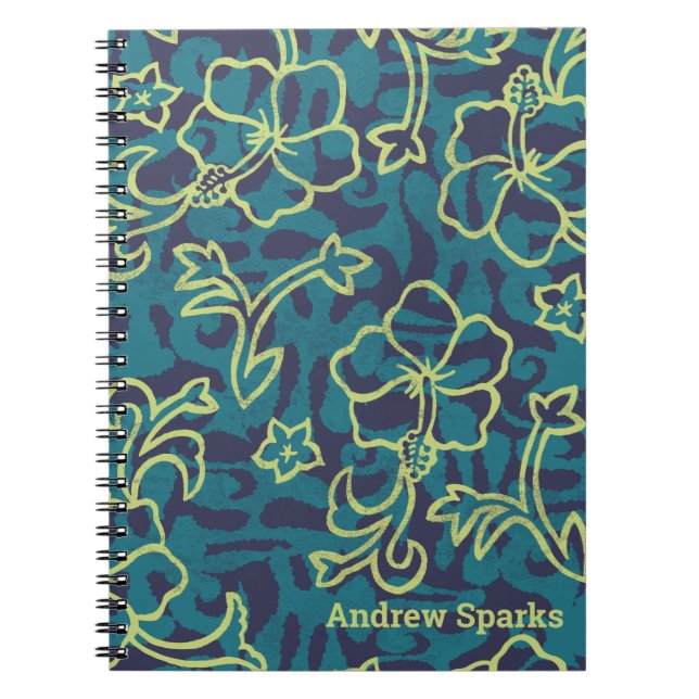 Navy Teal Hawaiian Shirt Lime Hibiscus Flowers Notebook (Front)