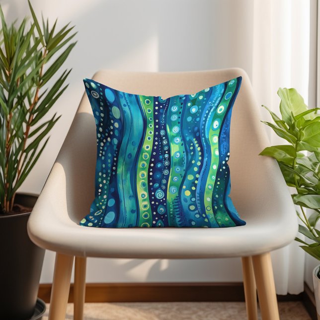 Navy Teal Lime Bohemian Wavy Striped Cushion (Navy Teal Lime Bohemian Wavy Striped Throw Pillow)