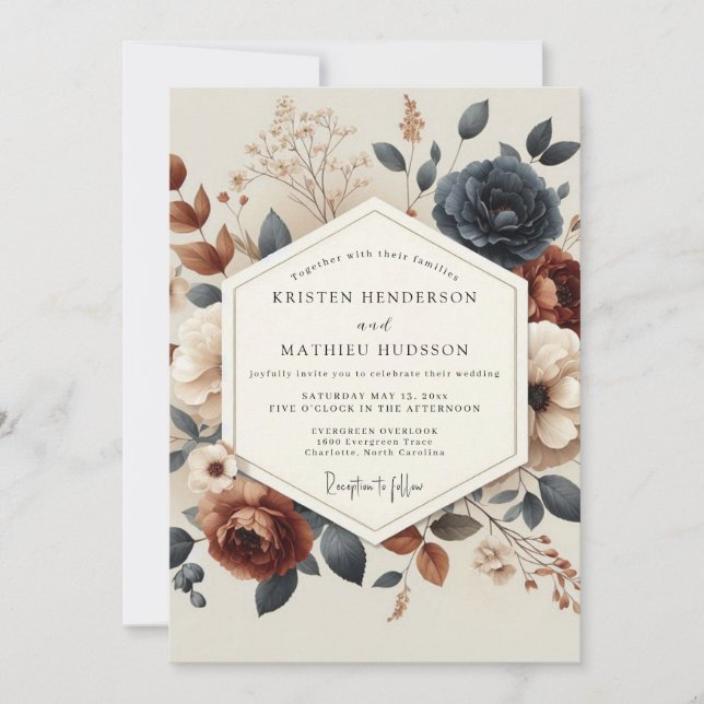 Navy Terracotta Autumnal Bloom Wedding Invitation (Front)