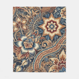 Navy Terracotta Boho IndoneBatik Floral Watercolor Fleece Blanket