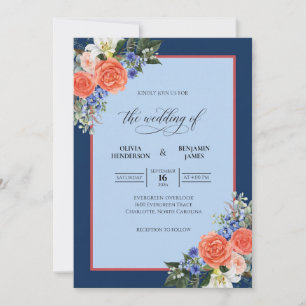 Navy Terracotta Bouquet Eucalyptus Wedding Invitation